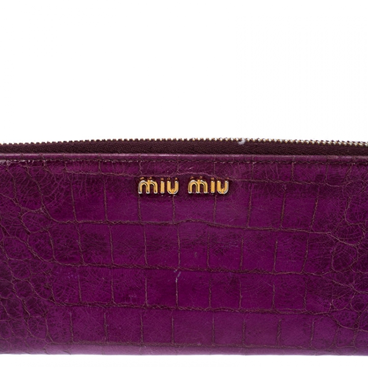 Pre Owned Miu Miu Purple Crocodile Embossed Leather Zip around Wallet