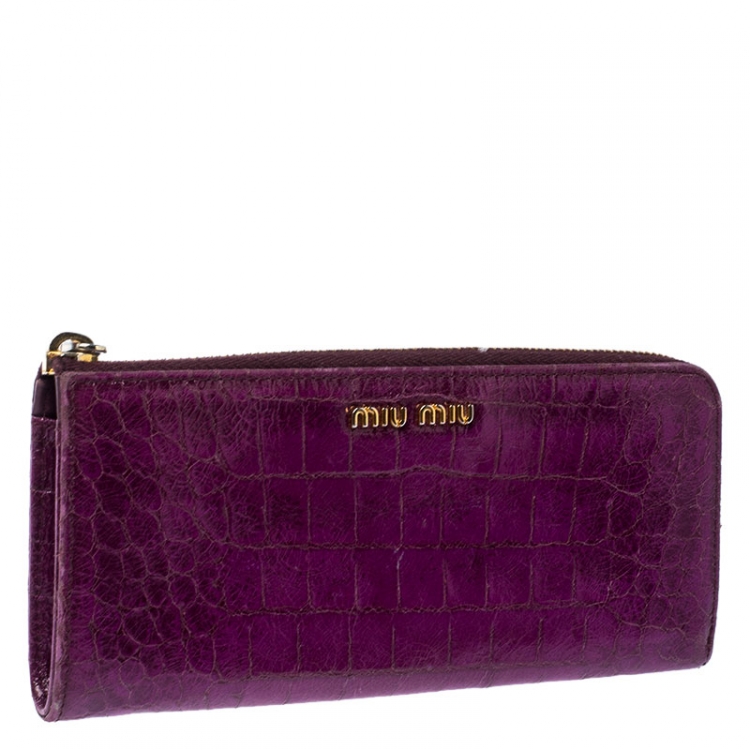 Pre Owned Miu Miu Purple Crocodile Embossed Leather Zip around Wallet
