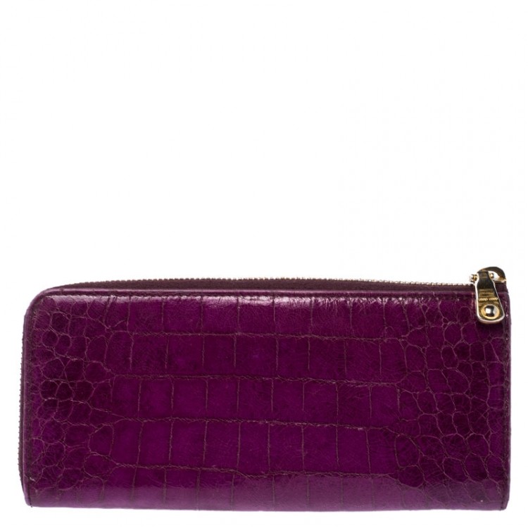 Pre Owned Miu Miu Purple Crocodile Embossed Leather Zip around Wallet