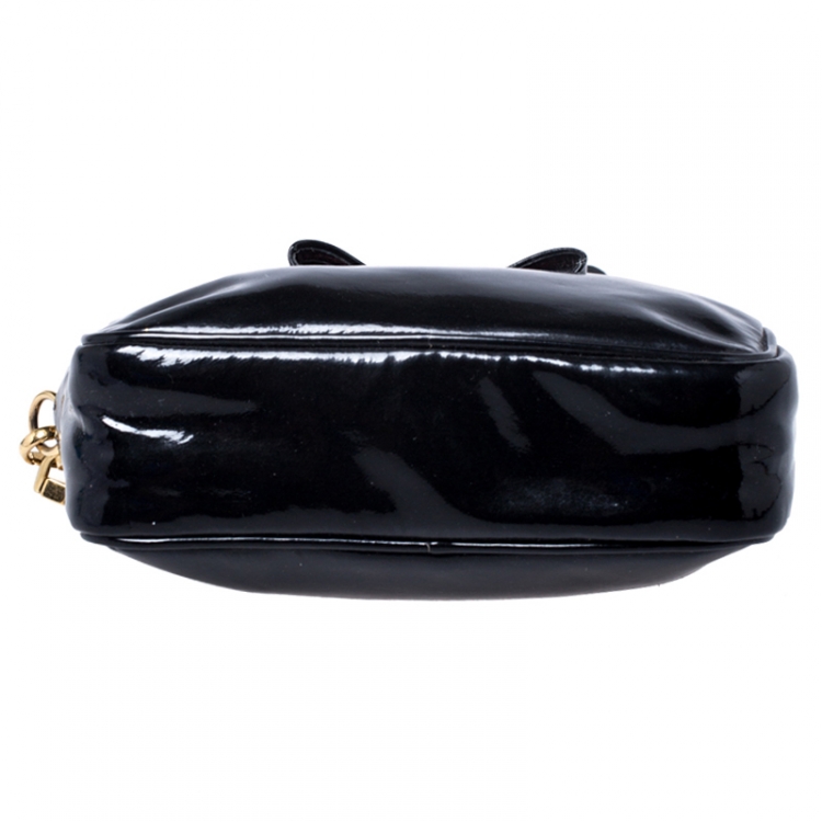 Pre Owned Miu Miu Black Patent Leather Bow Double Zip Wristlet Pouch