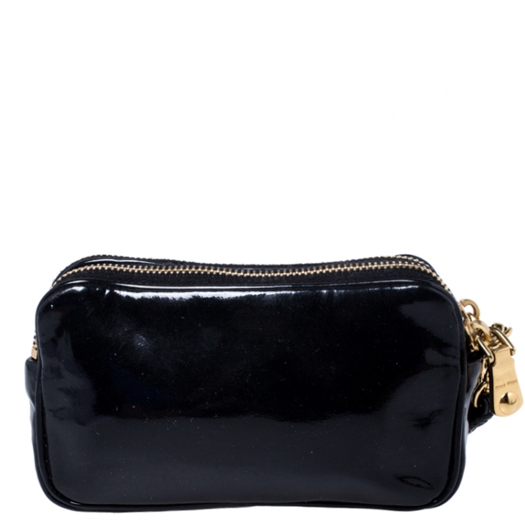 Pre Owned Miu Miu Black Patent Leather Bow Double Zip Wristlet Pouch
