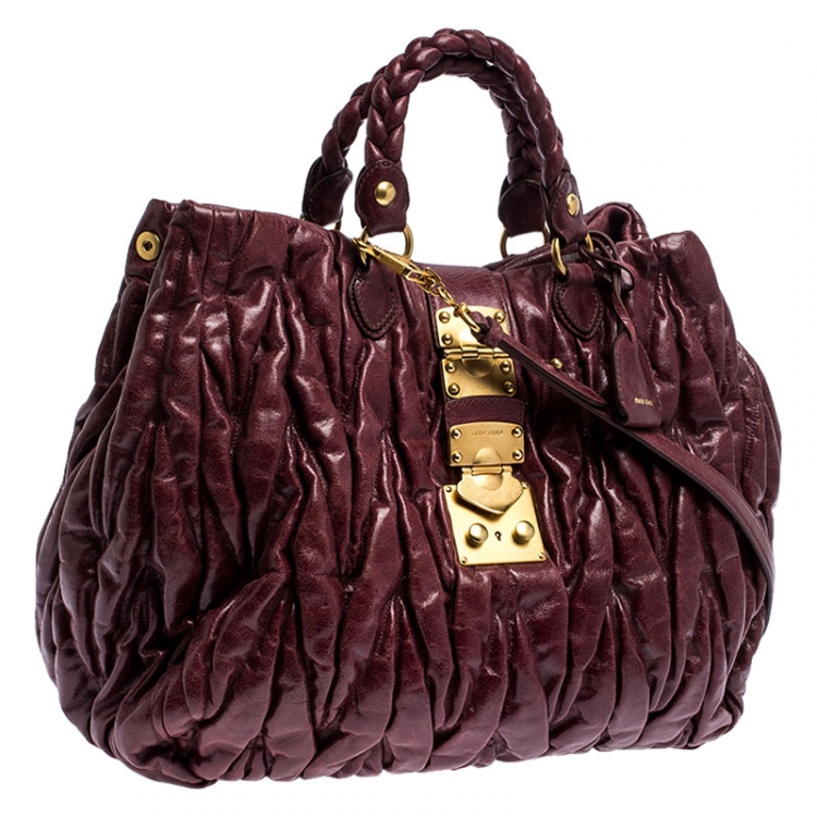 Pre Owned Miu Miu Burgandy Matelasse Leather Large Tote