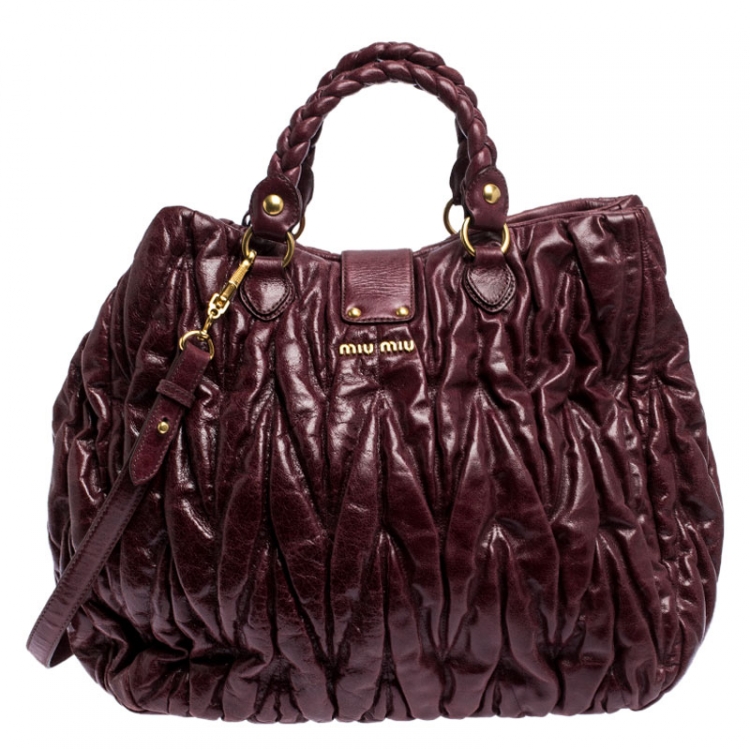 Pre Owned Miu Miu Burgandy Matelasse Leather Large Tote