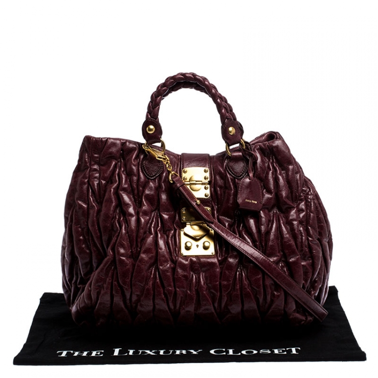 Pre Owned Miu Miu Burgandy Matelasse Leather Large Tote