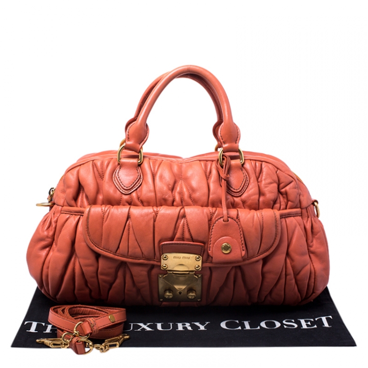 Pre Owned Miu Miu Orange Metalasse Leather Coffer Top Handle Bag