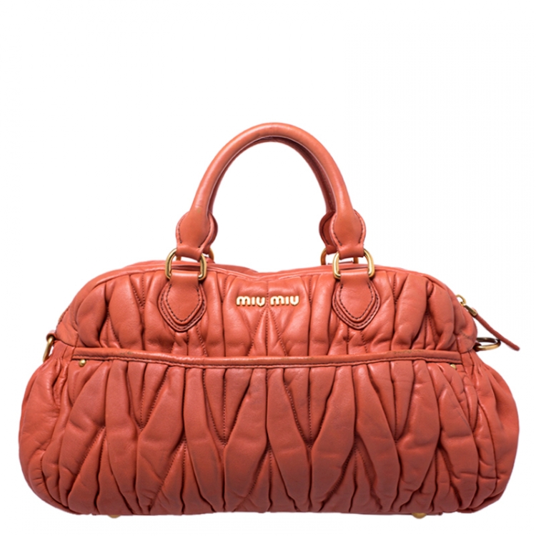 Pre Owned Miu Miu Orange Metalasse Leather Coffer Top Handle Bag