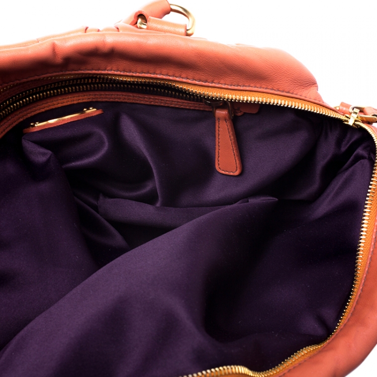 Pre Owned Miu Miu Orange Metalasse Leather Coffer Top Handle Bag