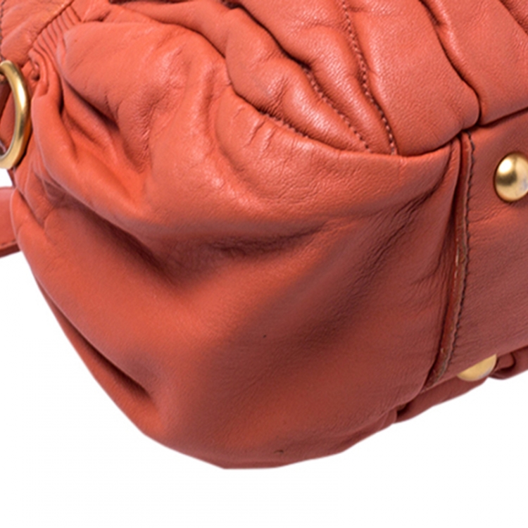 Pre Owned Miu Miu Orange Metalasse Leather Coffer Top Handle Bag