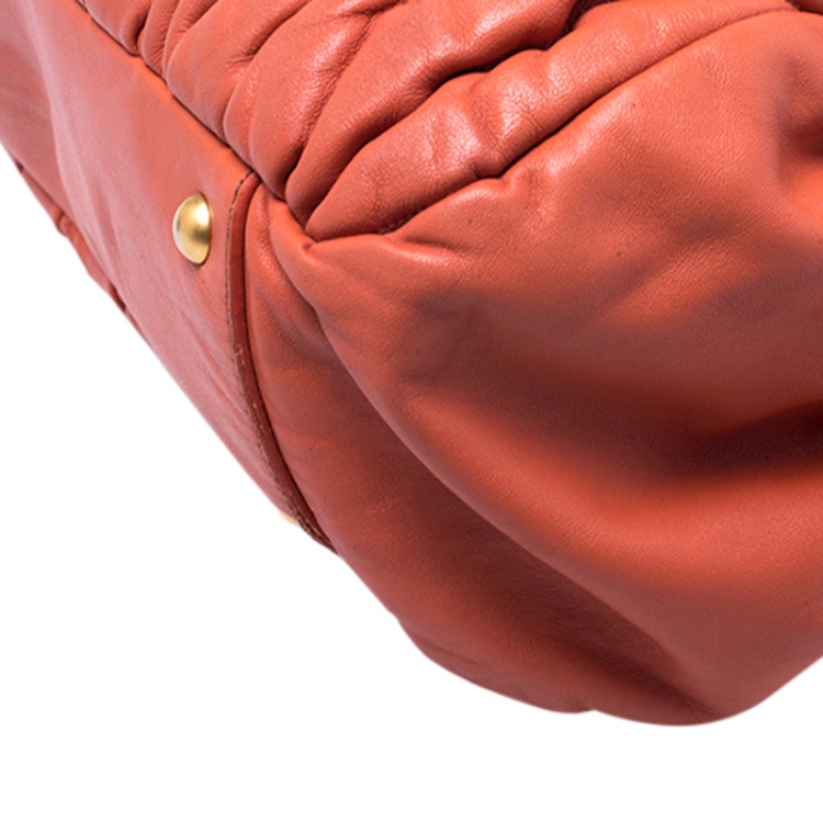 Pre Owned Miu Miu Orange Metalasse Leather Coffer Top Handle Bag