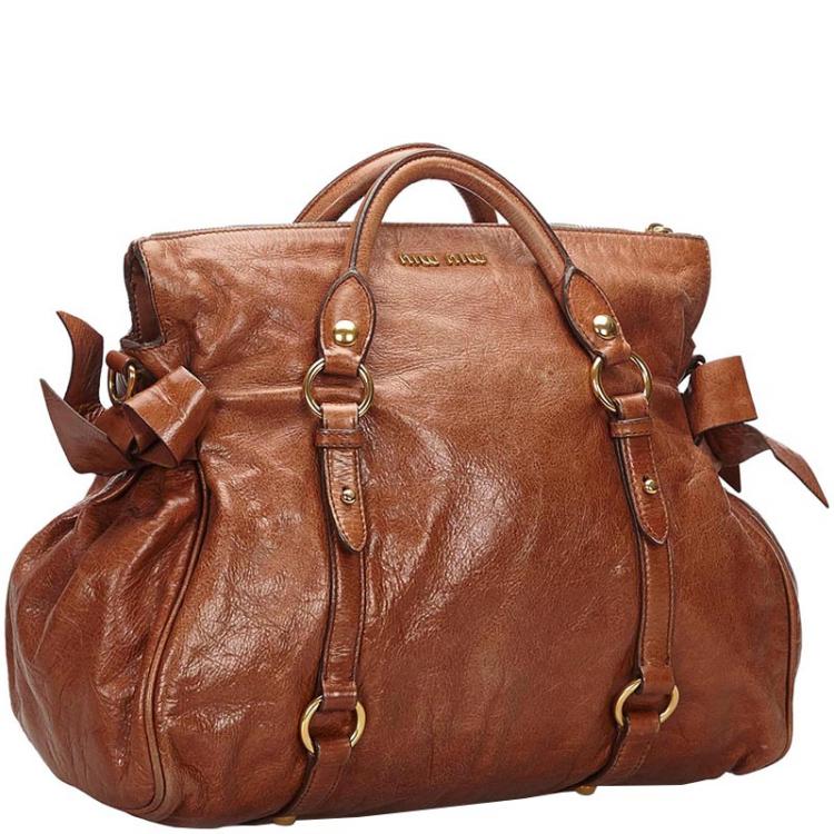 Pre Owned Miu Miu Brown Vitello Lux Leather Bow Bag
