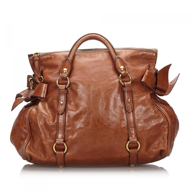 Pre Owned Miu Miu Brown Vitello Lux Leather Bow Bag

