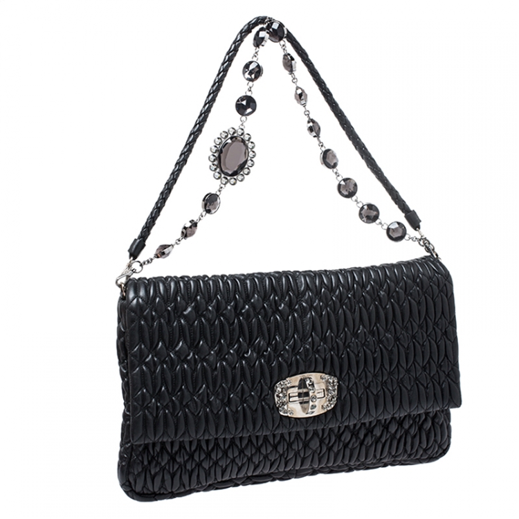 Pre Owned Miu Miu Black Matelasse Nappa Leather Crystal Shoulder Bag