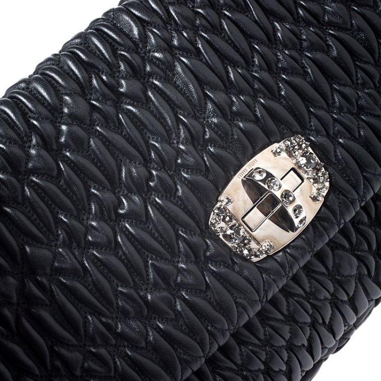 Pre Owned Miu Miu Black Matelasse Nappa Leather Crystal Shoulder Bag