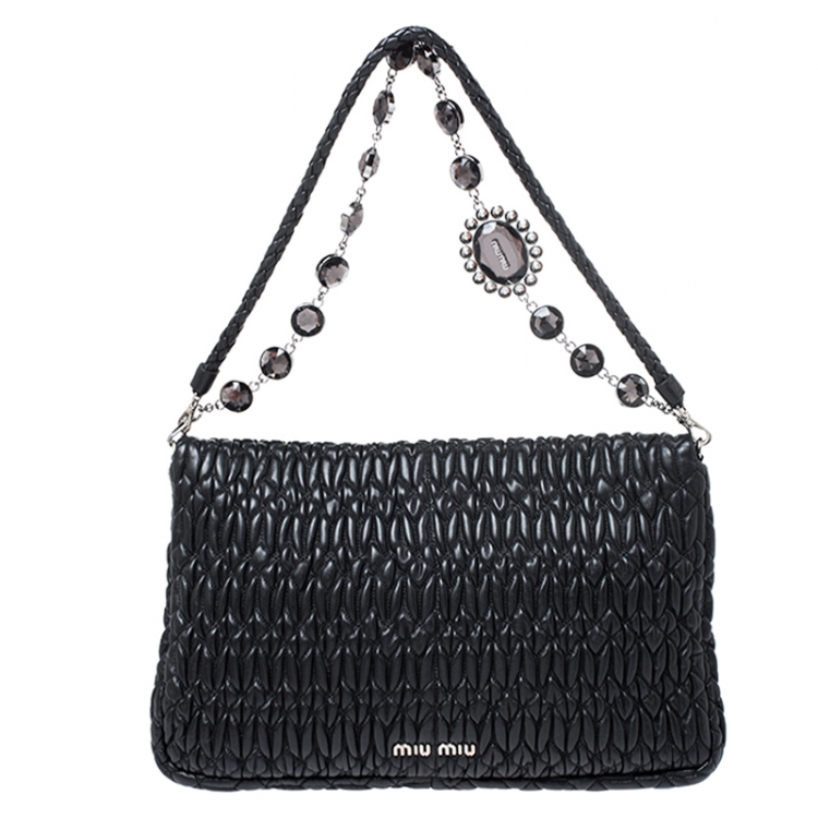 Pre Owned Miu Miu Black Matelasse Nappa Leather Crystal Shoulder Bag