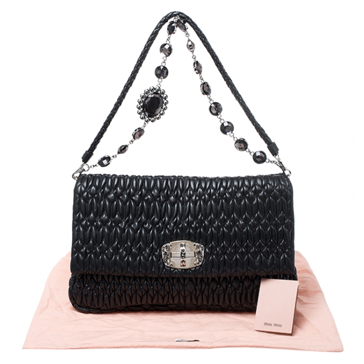 Pre Owned Miu Miu Black Matelasse Nappa Leather Crystal Shoulder Bag