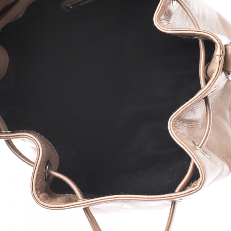 Pre Owned Miu MIu Cammeo Beige Leather Drawstring Bucket Bag