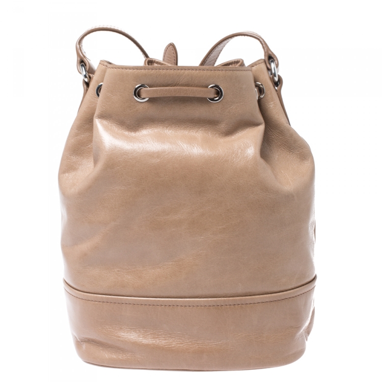 Pre Owned Miu MIu Cammeo Beige Leather Drawstring Bucket Bag