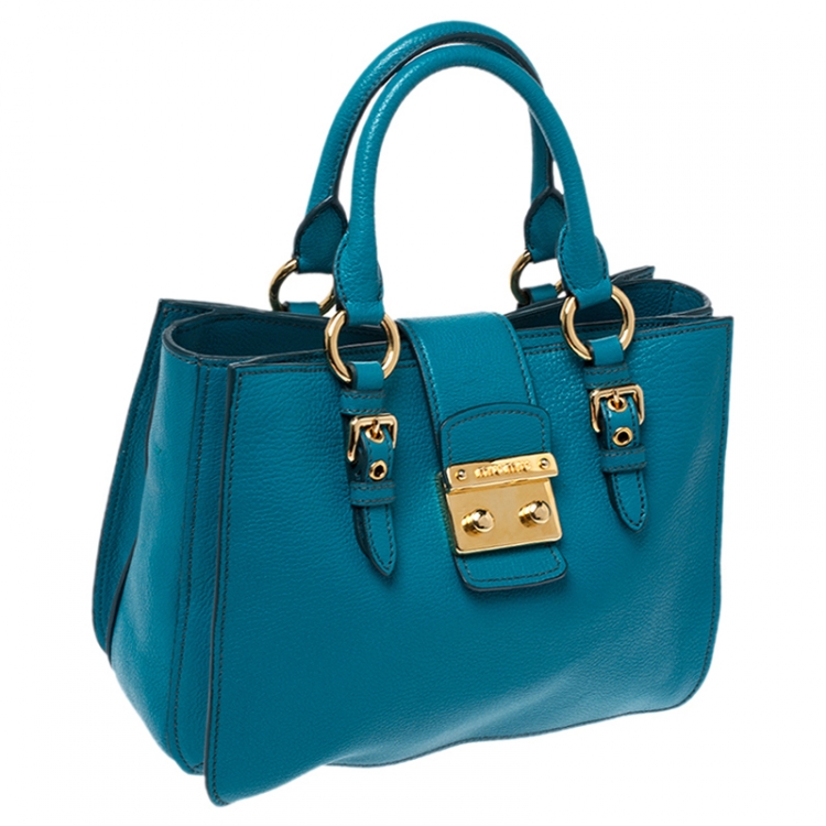 Pre Owned Miu Miu Blue Leather Madras Top Handle Bag