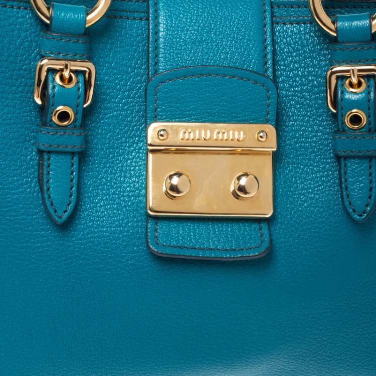Pre Owned Miu Miu Blue Leather Madras Top Handle Bag