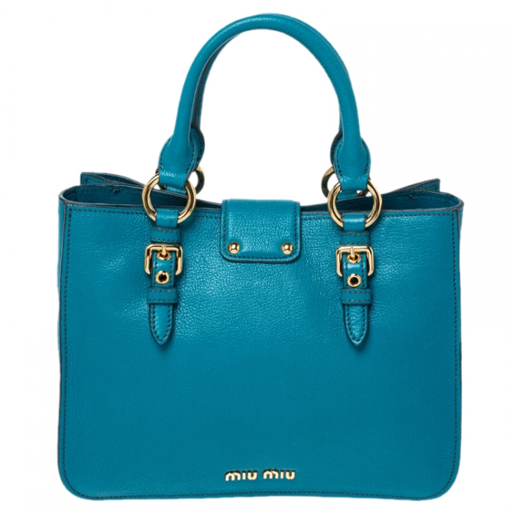 Pre Owned Miu Miu Blue Leather Madras Top Handle Bag