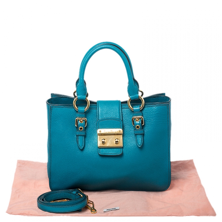 Pre Owned Miu Miu Blue Leather Madras Top Handle Bag