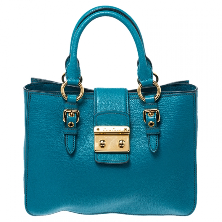 Pre Owned Miu Miu Blue Leather Madras Top Handle Bag