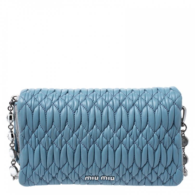 Pre Owned Miu Miu Blue Two Tone Leather Flap Crystal Shoulder Bag