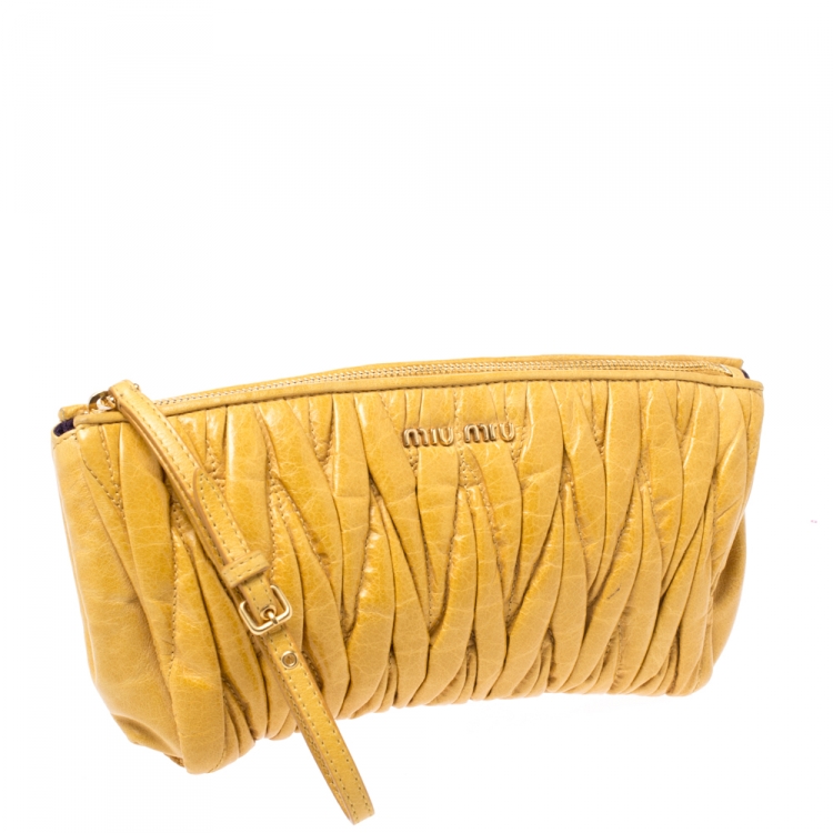 Pre Owned Miu Miu Mustard Matelasse Leather Zip Clutch