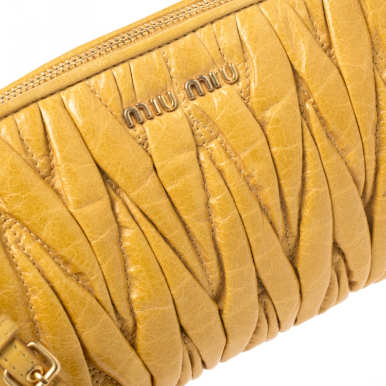 Pre Owned Miu Miu Mustard Matelasse Leather Zip Clutch