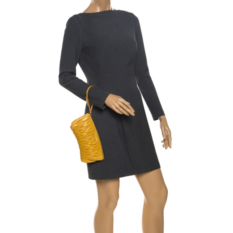 Pre Owned Miu Miu Mustard Matelasse Leather Zip Clutch