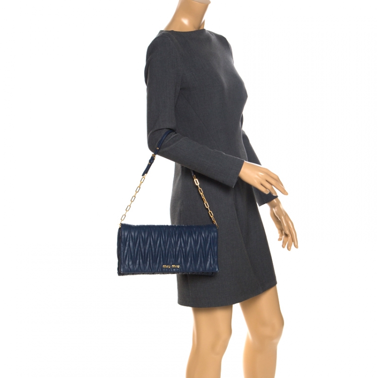 Pre Owned Miu Miu Blue Matelasse Leather Flap Shoulder Bag