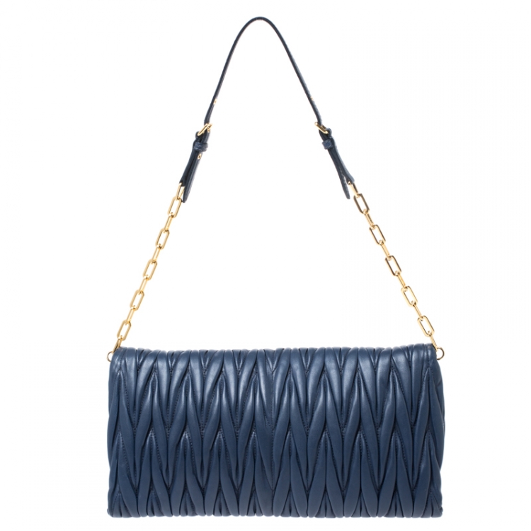 Pre Owned Miu Miu Blue Matelasse Leather Flap Shoulder Bag