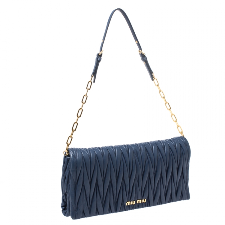 Pre Owned Miu Miu Blue Matelasse Leather Flap Shoulder Bag