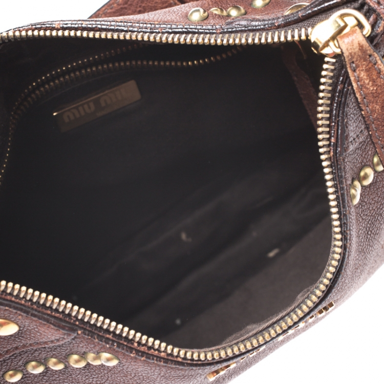 Pre Owned Miu Miu Brown Leather Studded Hobo
