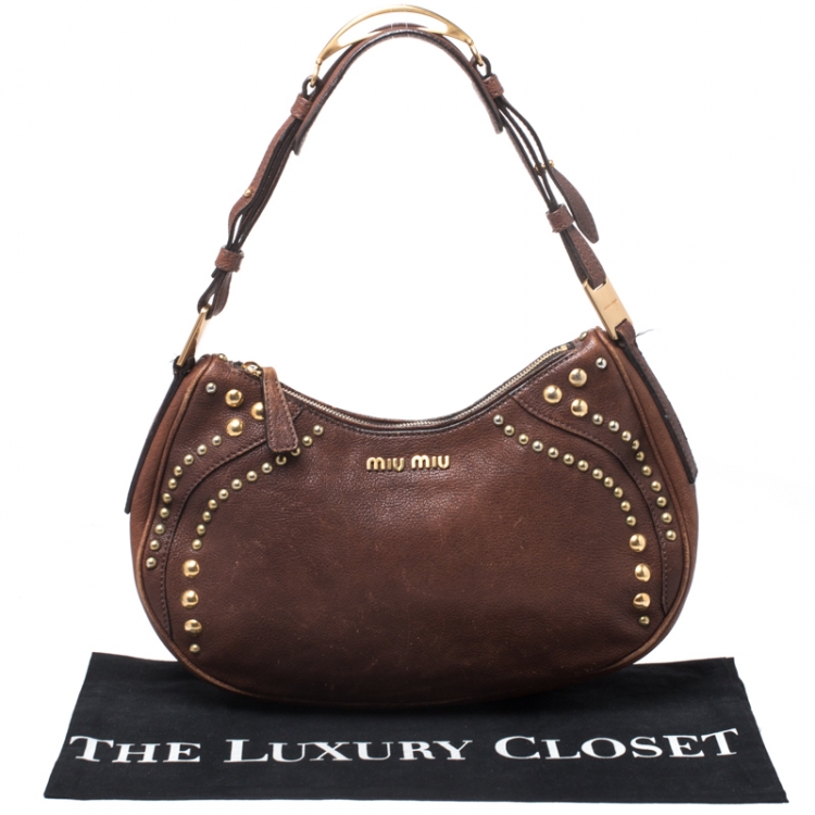 Pre Owned Miu Miu Brown Leather Studded Hobo