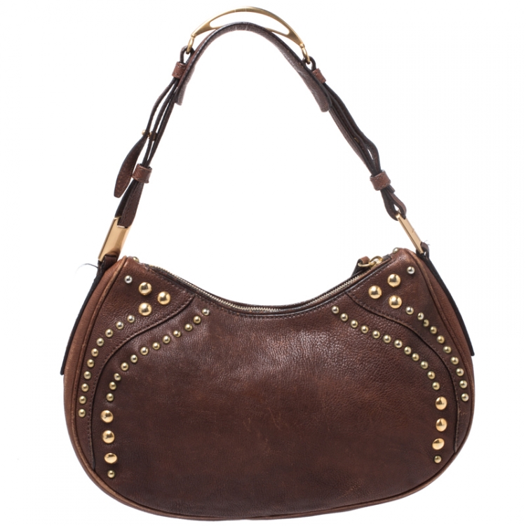 Pre Owned Miu Miu Brown Leather Studded Hobo