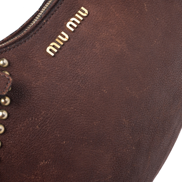 Pre Owned Miu Miu Brown Leather Studded Hobo