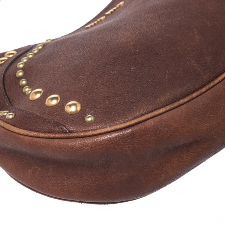 Pre Owned Miu Miu Brown Leather Studded Hobo