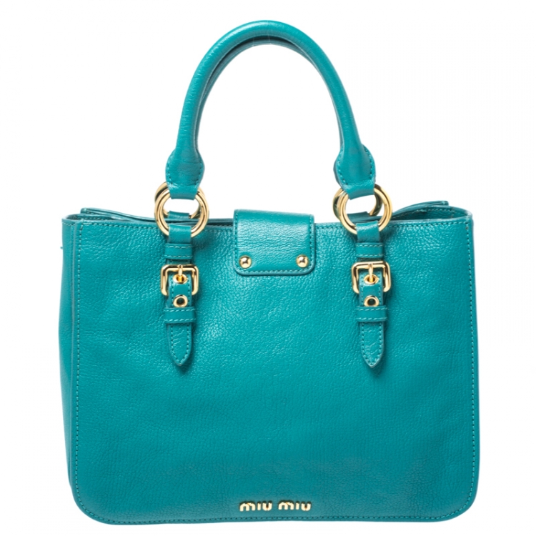 Pre Owned Miu Miu Blue Leather Medium Madras Tote