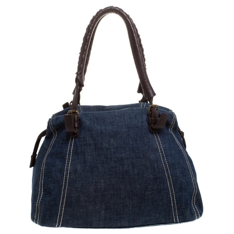 Pre Owned Miu Miu Blue/Brown Denim and Leather Satchel