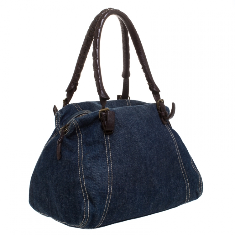 Pre Owned Miu Miu Blue/Brown Denim and Leather Satchel