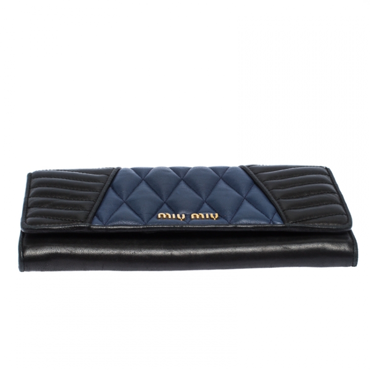 Pre Owned Miu Miu Black/Blue Nappa Matelasse Leather Biker Flap Wallet