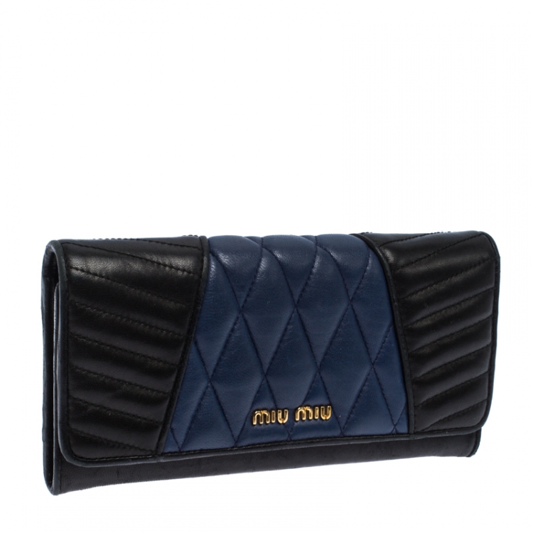 Pre Owned Miu Miu Black/Blue Nappa Matelasse Leather Biker Flap Wallet