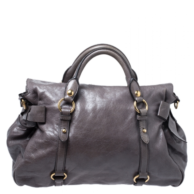 Pre Owned Miu Miu Dark Grey Vitello Lux Leather Bow Satchel