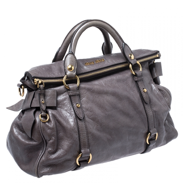 Pre Owned Miu Miu Dark Grey Vitello Lux Leather Bow Satchel