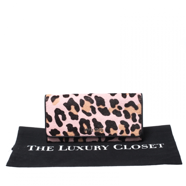 Pre Owned Miu Miu Pink Leopard Print Calfhair Flap Continental Wallet