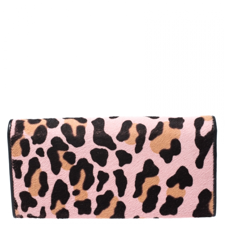 Pre Owned Miu Miu Pink Leopard Print Calfhair Flap Continental Wallet