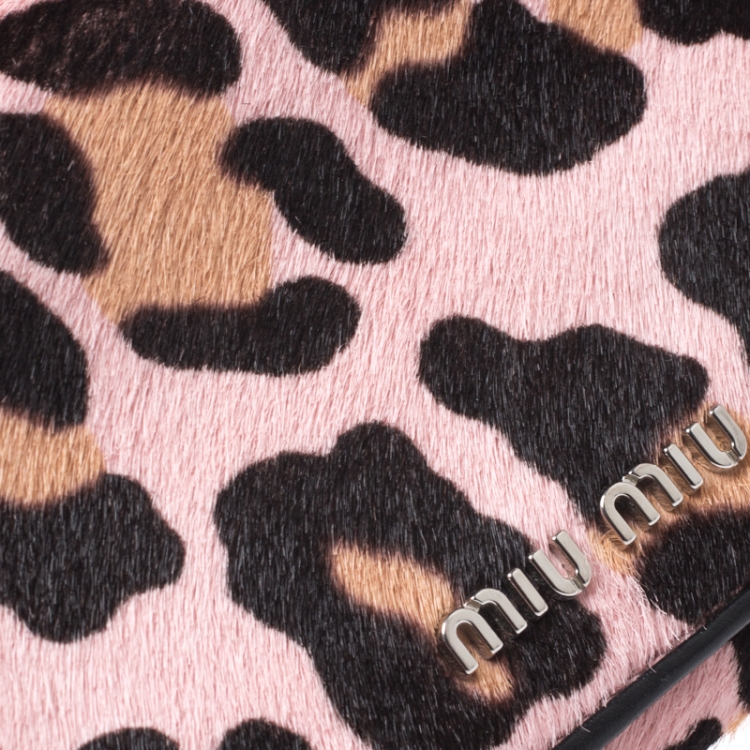 Pre Owned Miu Miu Pink Leopard Print Calfhair Flap Continental Wallet