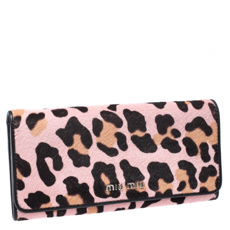 Pre Owned Miu Miu Pink Leopard Print Calfhair Flap Continental Wallet