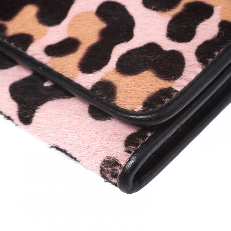 Pre Owned Miu Miu Pink Leopard Print Calfhair Flap Continental Wallet